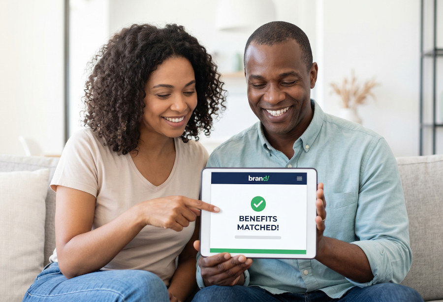 Happy couple looking at benefits